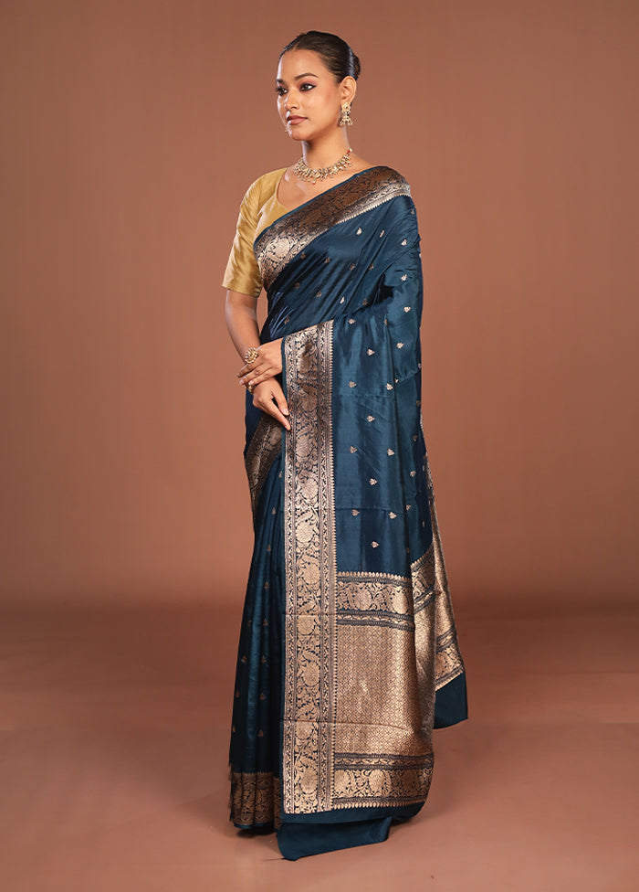 Blue Handloom Katan Pure Silk Saree With Blouse Piece