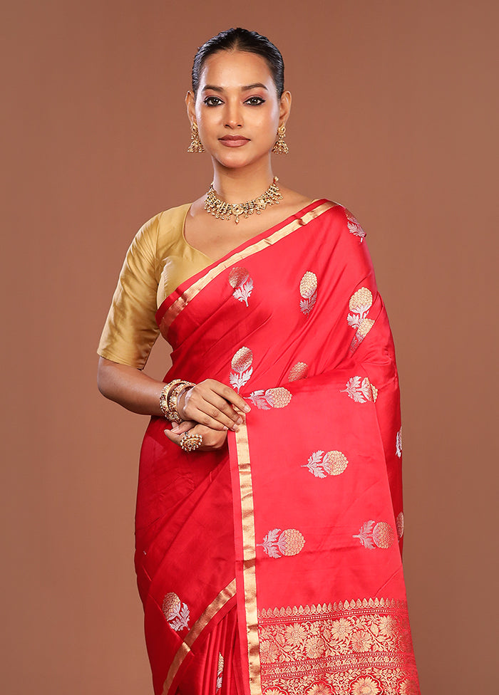 Red Handloom Katan Pure Silk Saree With Blouse Piece