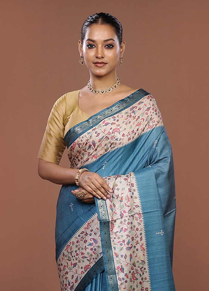Blue Tussar Silk Saree With Blouse Piece