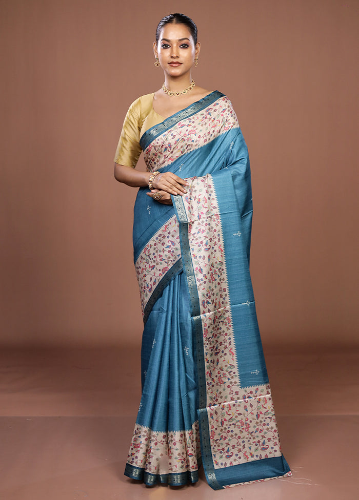 Blue Tussar Silk Saree With Blouse Piece