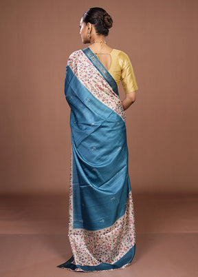 Blue Tussar Silk Saree With Blouse Piece