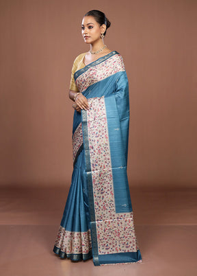 Blue Tussar Silk Saree With Blouse Piece