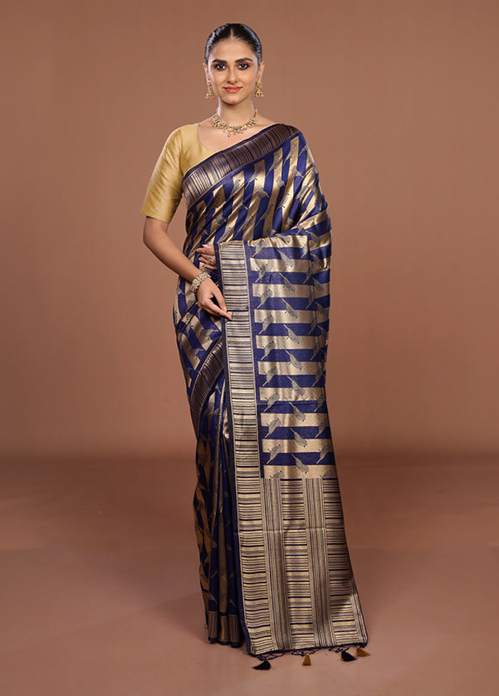 Blue Dupion Silk Saree With Blouse Piece