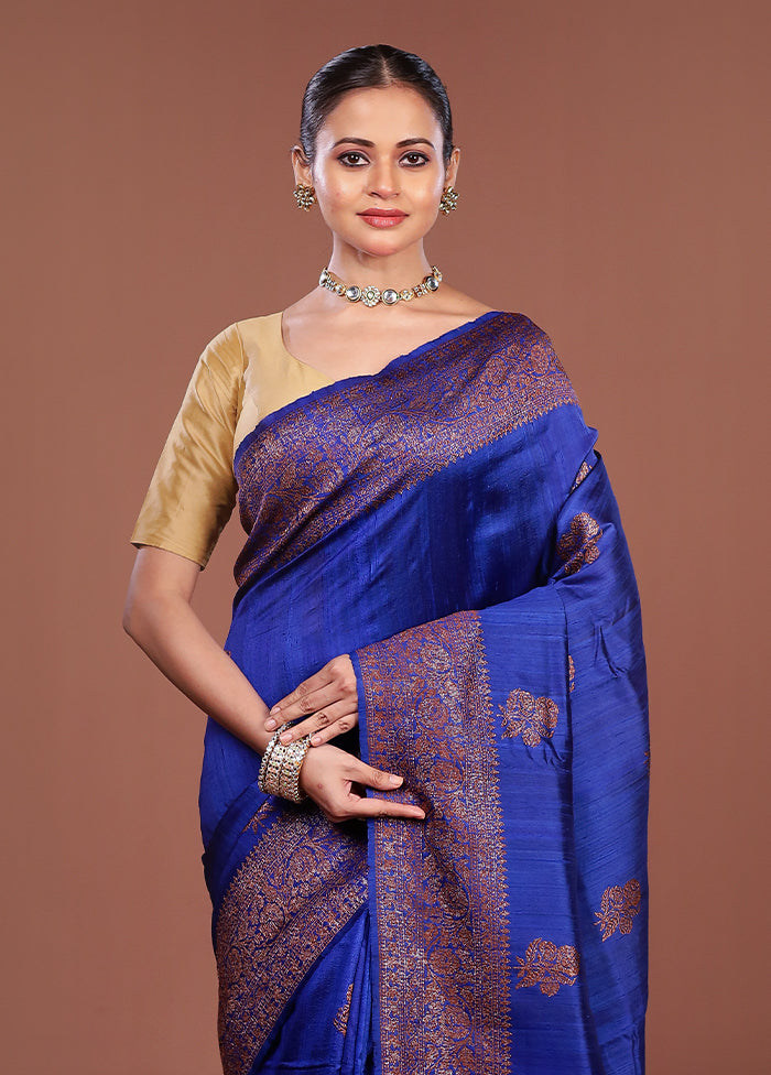 Blue Handloom Tussar Pure Silk Saree With Blouse Piece