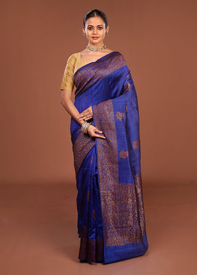 Blue Handloom Tussar Pure Silk Saree With Blouse Piece
