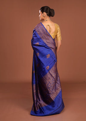 Blue Handloom Tussar Pure Silk Saree With Blouse Piece