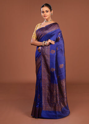 Blue Handloom Tussar Pure Silk Saree With Blouse Piece