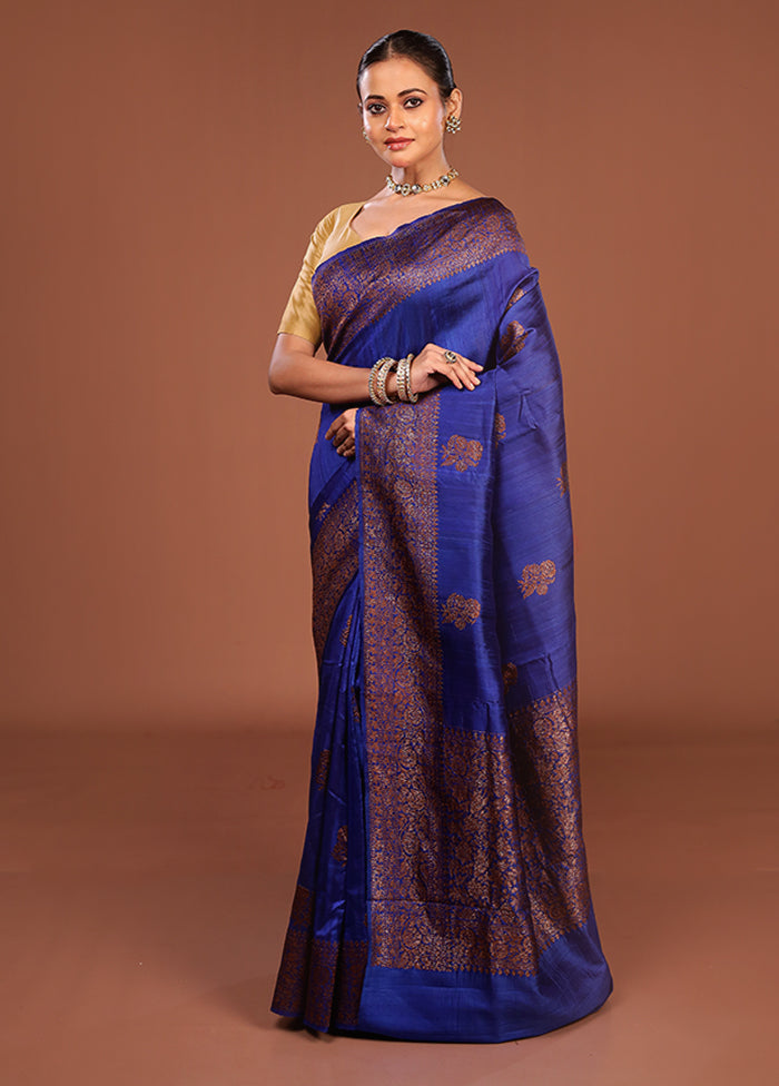 Blue Handloom Tussar Pure Silk Saree With Blouse Piece