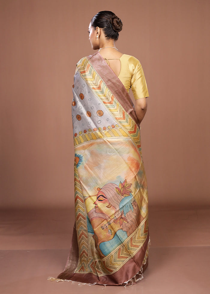 Green Handloom Tussar Pure Silk Saree With Blouse Piece