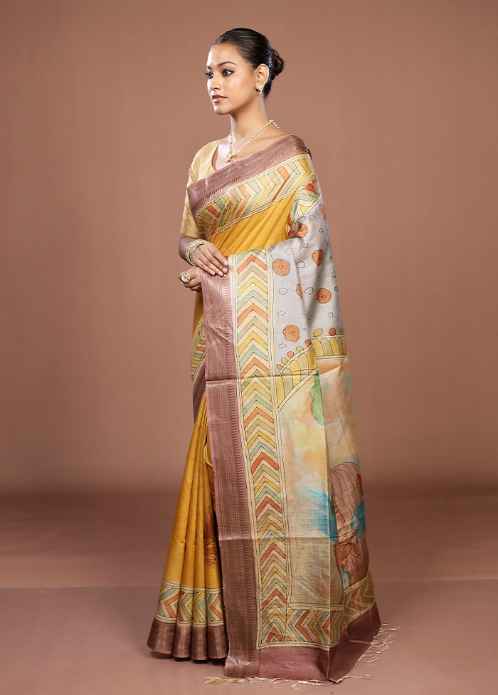 Green Handloom Tussar Pure Silk Saree With Blouse Piece