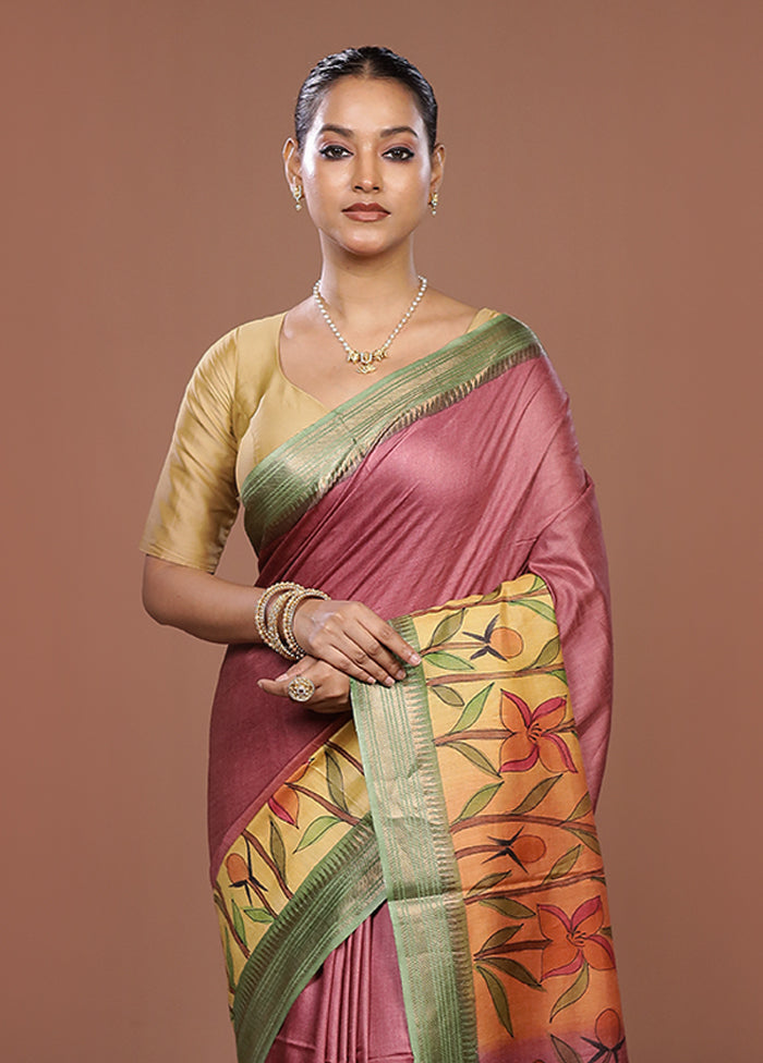 Yellow Handloom Tussar Pure Silk Saree With Blouse Piece