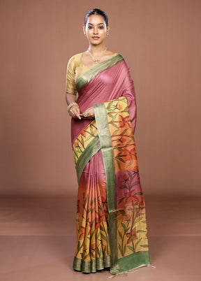 Yellow Handloom Tussar Pure Silk Saree With Blouse Piece