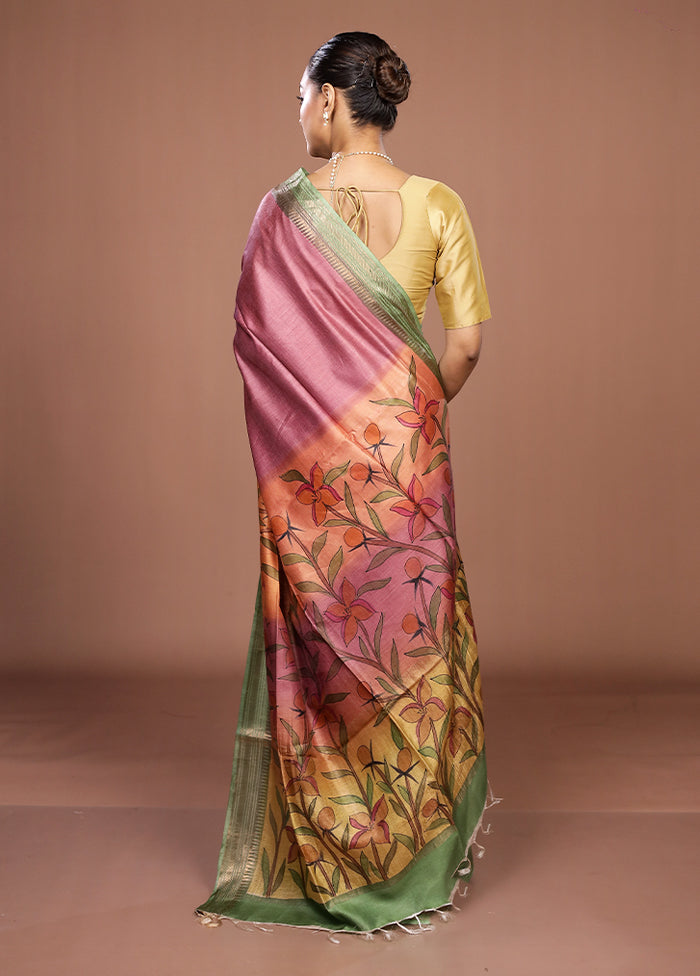 Yellow Handloom Tussar Pure Silk Saree With Blouse Piece