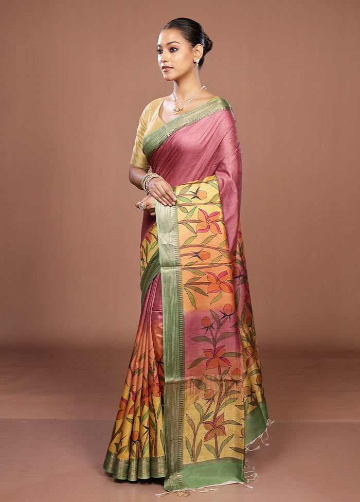 Yellow Handloom Tussar Pure Silk Saree With Blouse Piece