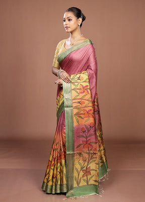 Yellow Handloom Tussar Pure Silk Saree With Blouse Piece