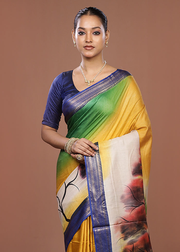 Blue Handloom Tussar Pure Silk Saree With Blouse Piece