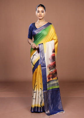 Blue Handloom Tussar Pure Silk Saree With Blouse Piece