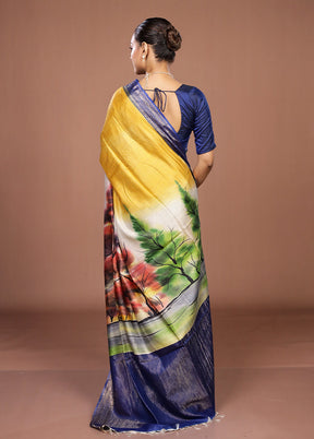 Blue Handloom Tussar Pure Silk Saree With Blouse Piece