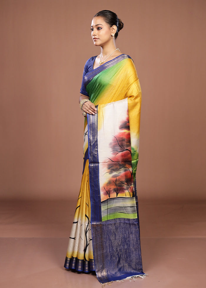Blue Handloom Tussar Pure Silk Saree With Blouse Piece