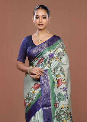 Green Handloom Tussar Pure Silk Saree With Blouse Piece