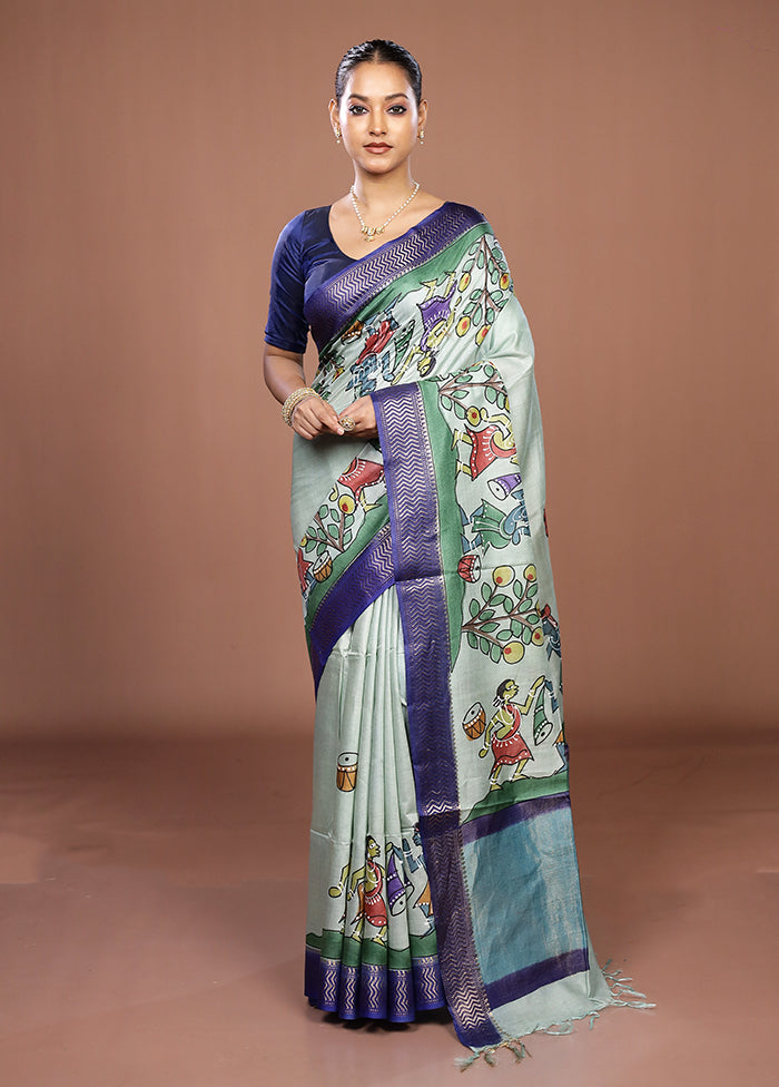 Green Handloom Tussar Pure Silk Saree With Blouse Piece