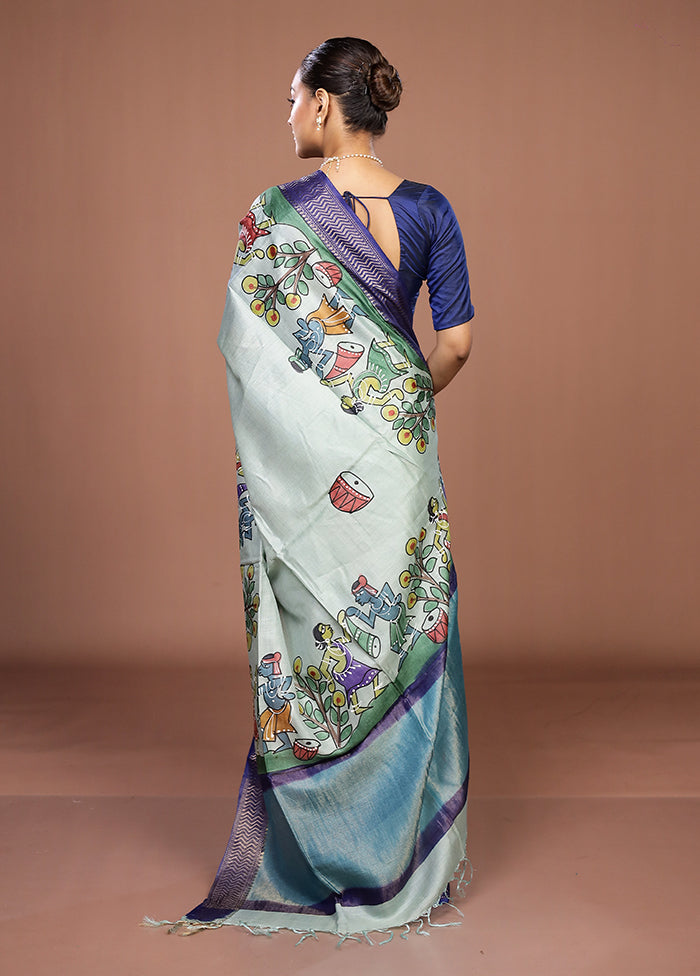 Green Handloom Tussar Pure Silk Saree With Blouse Piece