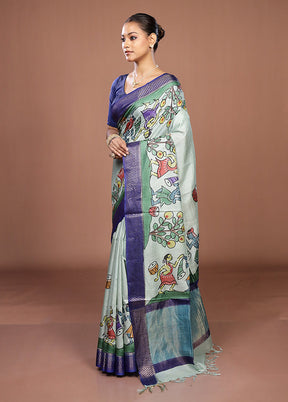 Green Handloom Tussar Pure Silk Saree With Blouse Piece