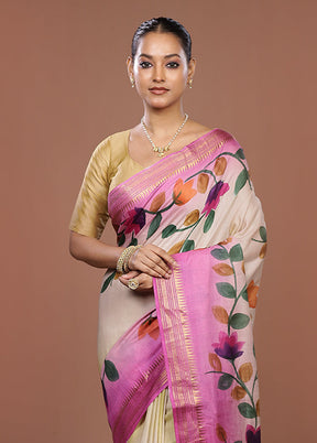 Pink Handloom Tussar Pure Silk Saree With Blouse Piece