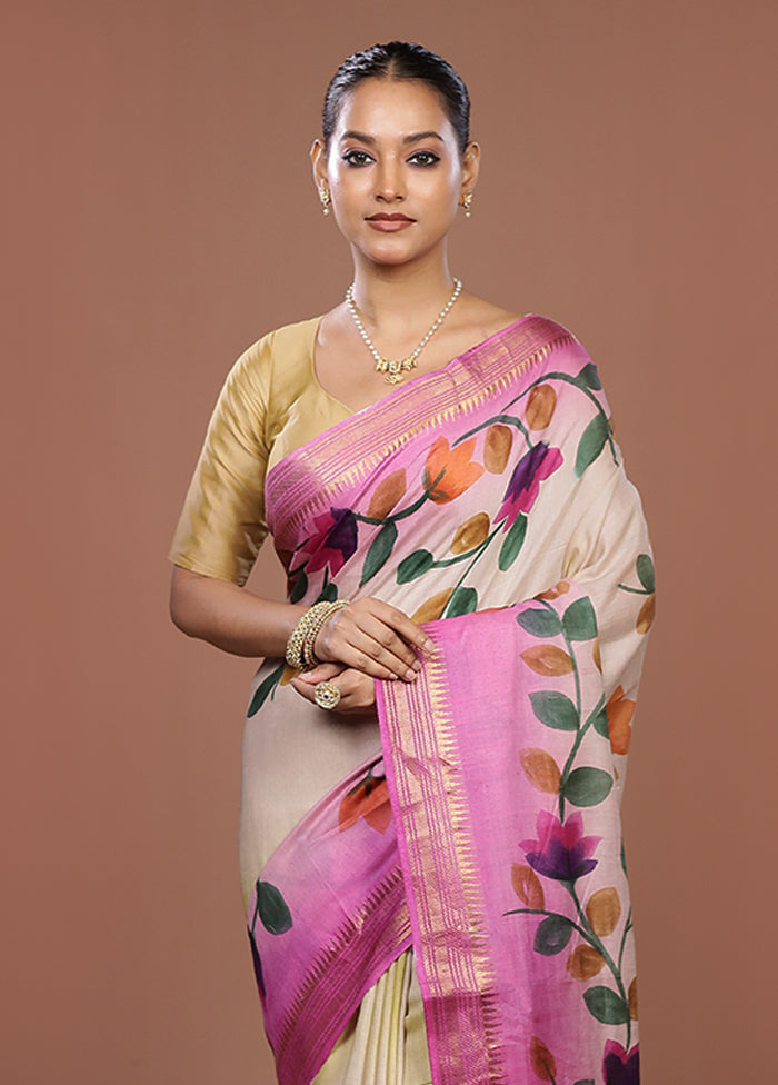 Pink Handloom Tussar Pure Silk Saree With Blouse Piece