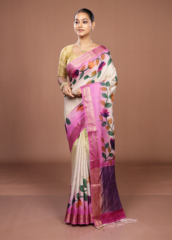 Pink Handloom Tussar Pure Silk Saree With Blouse Piece