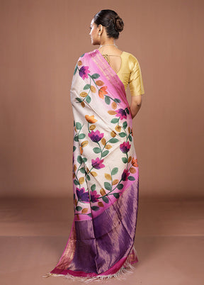 Pink Handloom Tussar Pure Silk Saree With Blouse Piece