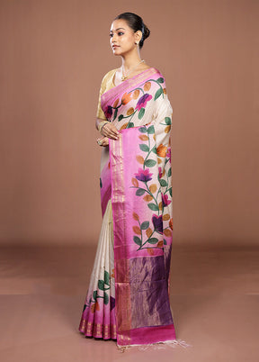 Pink Handloom Tussar Pure Silk Saree With Blouse Piece