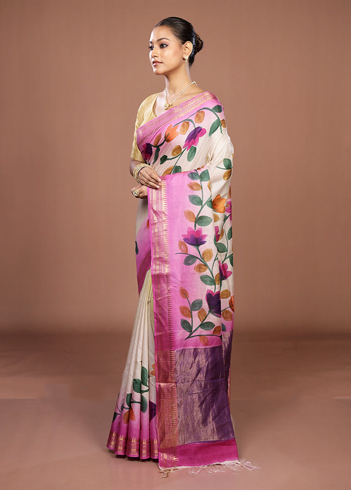 Pink Handloom Tussar Pure Silk Saree With Blouse Piece