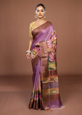 Purple Handloom Tussar Pure Silk Saree With Blouse Piece
