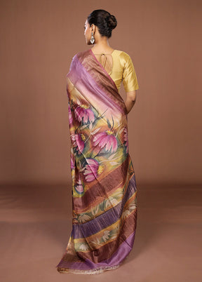 Purple Handloom Tussar Pure Silk Saree With Blouse Piece