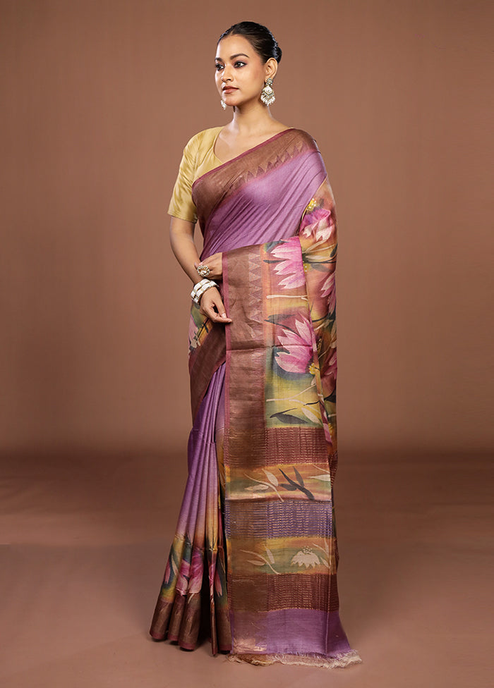 Purple Handloom Tussar Pure Silk Saree With Blouse Piece