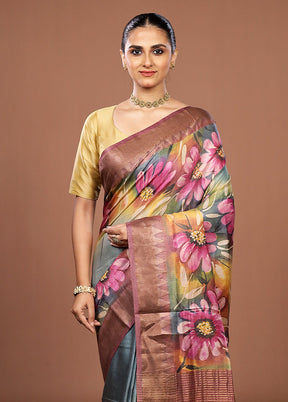 Blue Handloom Tussar Pure Silk Saree With Blouse Piece