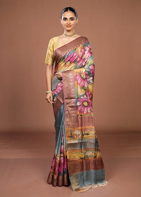 Blue Handloom Tussar Pure Silk Saree With Blouse Piece