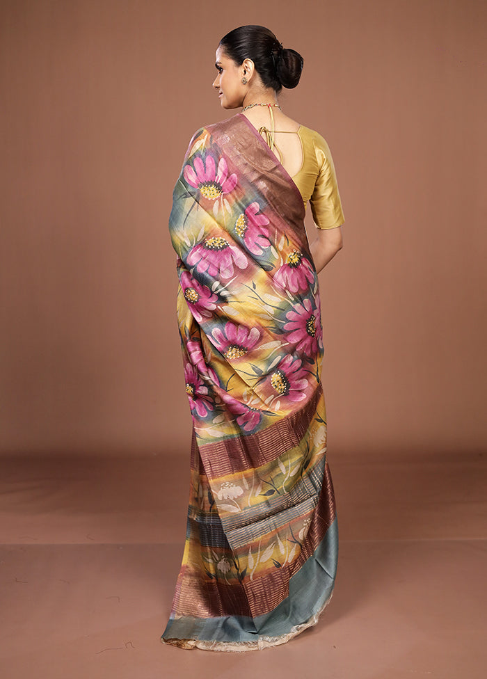 Blue Handloom Tussar Pure Silk Saree With Blouse Piece