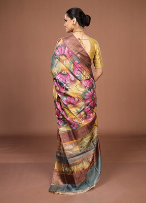 Blue Handloom Tussar Pure Silk Saree With Blouse Piece