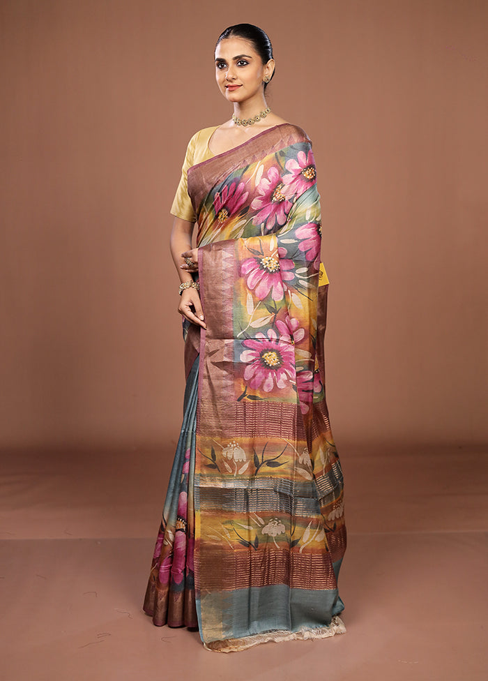 Blue Handloom Tussar Pure Silk Saree With Blouse Piece