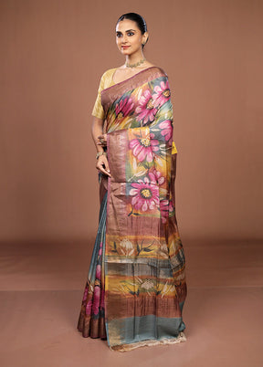 Blue Handloom Tussar Pure Silk Saree With Blouse Piece