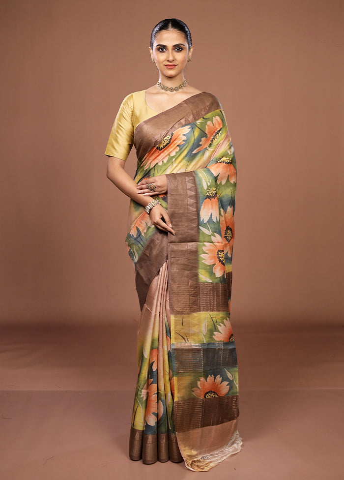 Multicolor Handloom Tussar Pure Silk Saree With Blouse Piece