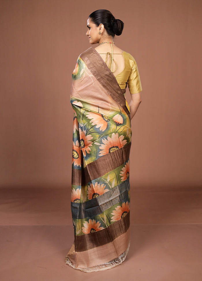 Multicolor Handloom Tussar Pure Silk Saree With Blouse Piece
