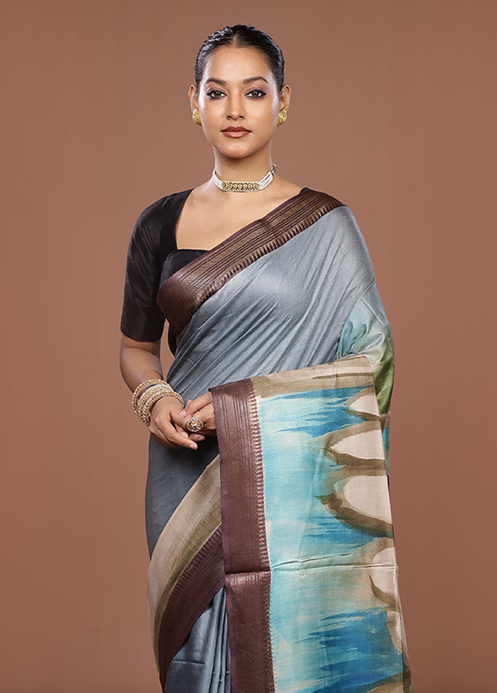 Blue Handloom Tussar Pure Silk Saree With Blouse Piece