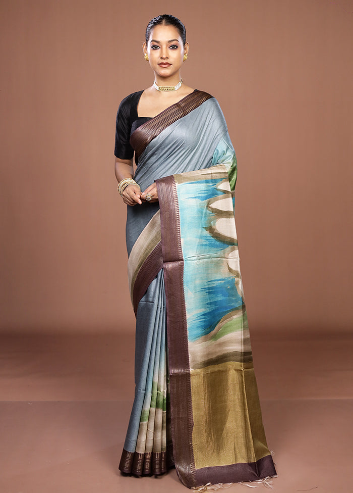 Blue Handloom Tussar Pure Silk Saree With Blouse Piece