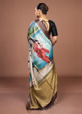Blue Handloom Tussar Pure Silk Saree With Blouse Piece