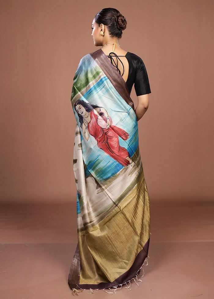 Blue Handloom Tussar Pure Silk Saree With Blouse Piece
