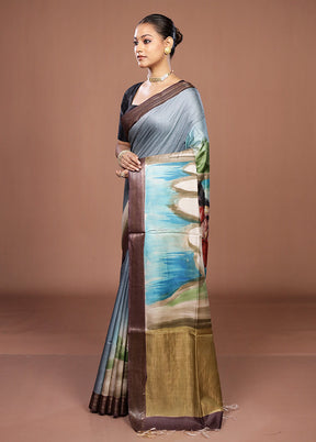 Blue Handloom Tussar Pure Silk Saree With Blouse Piece