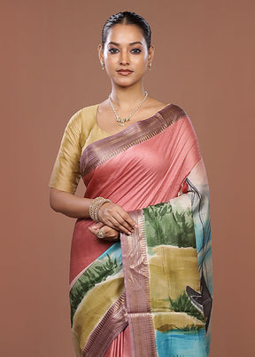 Green Handloom Tussar Pure Silk Saree With Blouse Piece